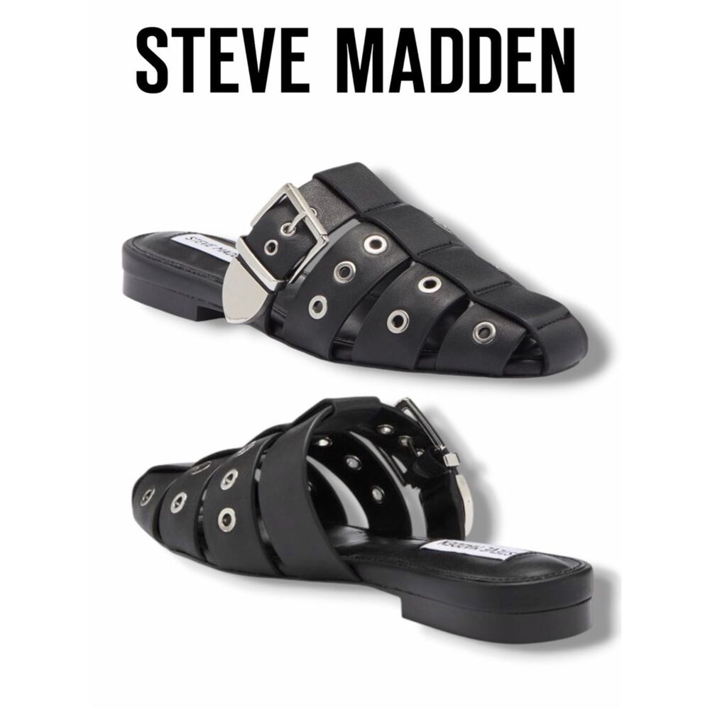 Steve Madden Women’s Black Leather Buckle & Grommet Slide Mules in the Size 9
